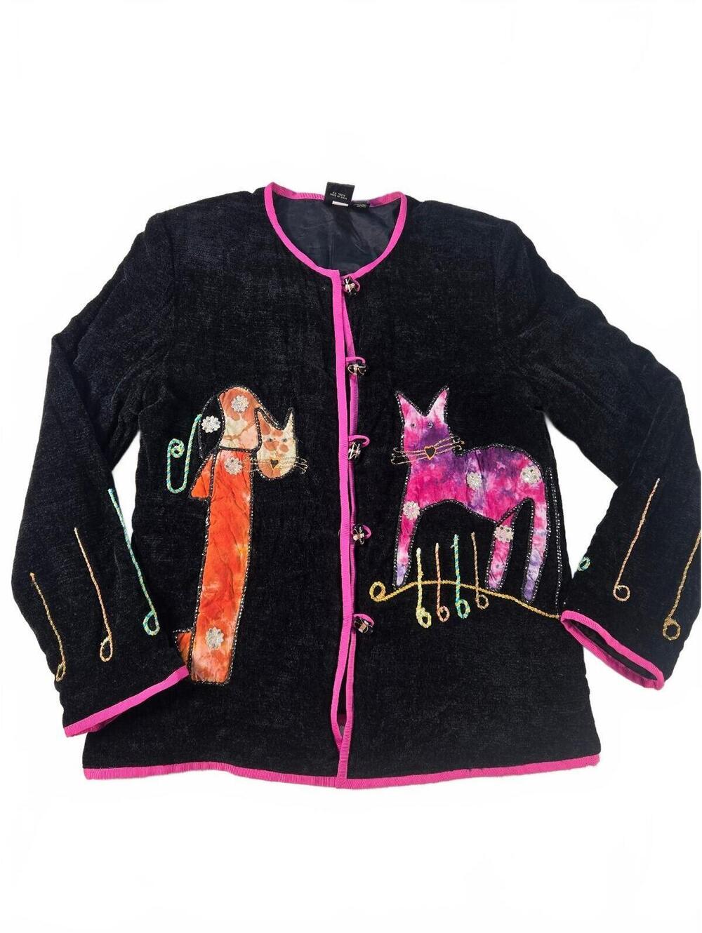 Vintage Art To Wear Black Velvet Cat Jacket Grandma Boho 90s